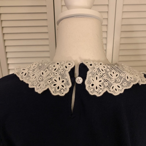 J. Crew Dark Navy Knit Top with White Lace Collar & Wrists Size XXL - Picture 5 of 11